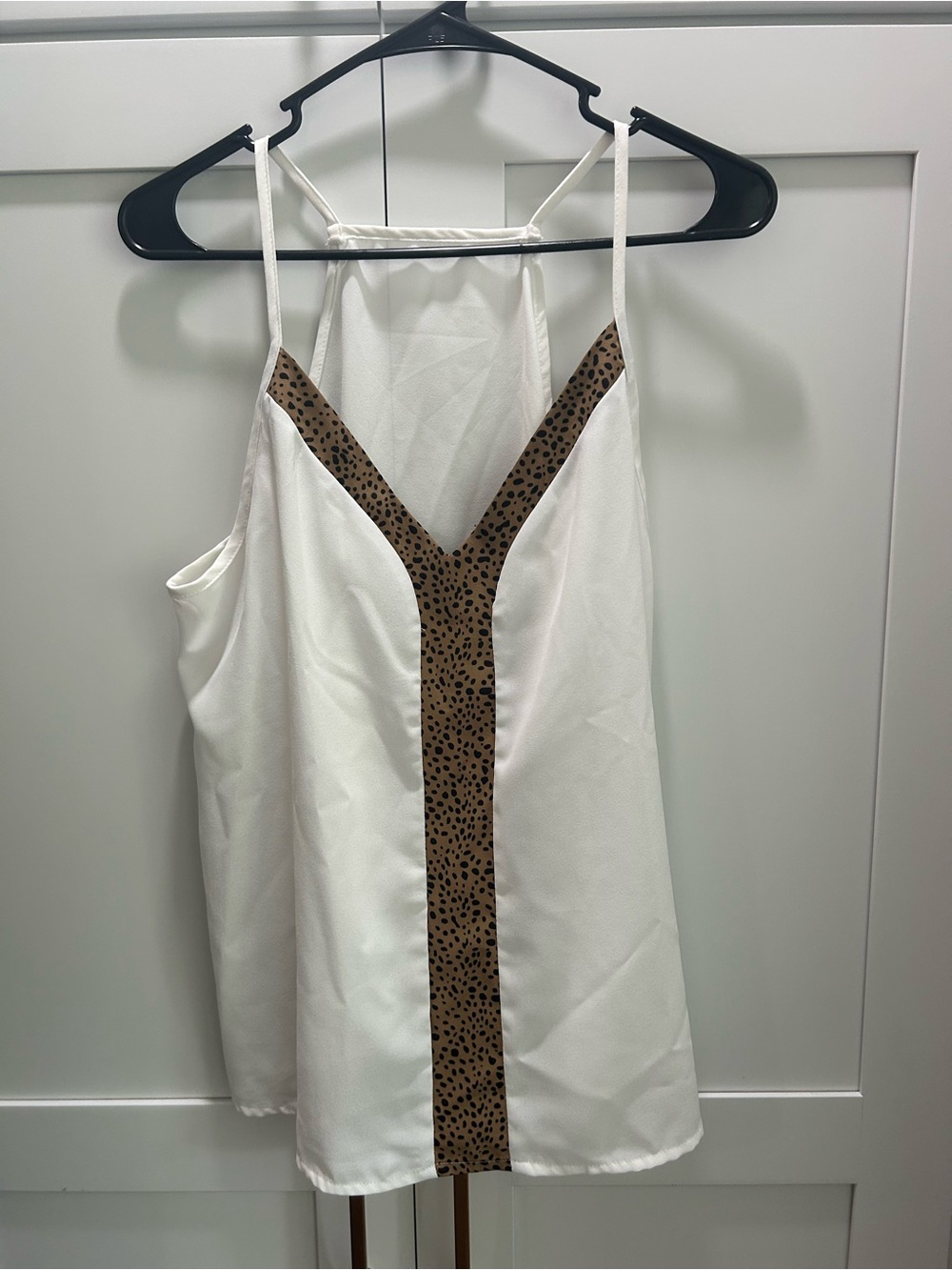 White Sleeveless Tank with Leopard-Print Trim